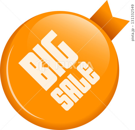 An orange promo badge advertises a large discount, a call to action on an isolated background. 131332549