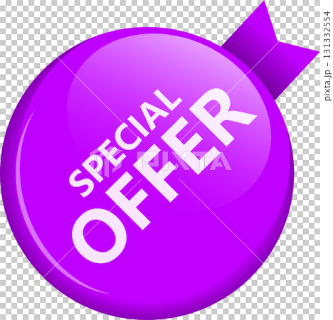 Shiny purple sticker with the words Special Offer in white, advertising discounts and promotions. 131332554