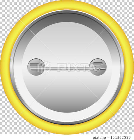 Circular pin with yellow border, silver center, and horizontal pin with triangle and ridges. 131332559