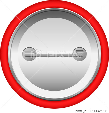 A red and silver pinback button with a clasp on a black background. Perfect for campaigns. 131332564