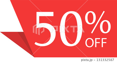 Promotional graphic displaying a 50% off discount on a red background with white text. 131332587