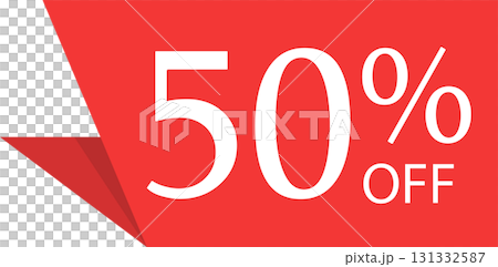 Promotional graphic displaying a 50% off discount on a red background with white text. 131332587