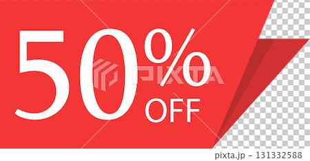 Promotional graphic announcing a limited time offer of a fifty percent discount on merchandise. 131332588