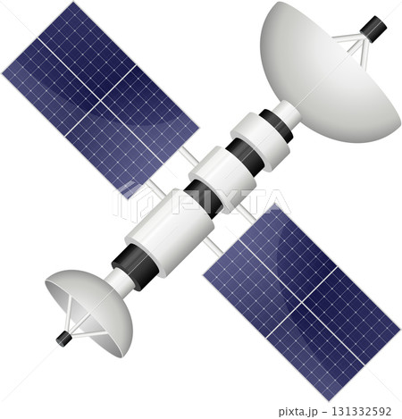 A satellite with solar panels and antennas orbiting in space for communication purposes. 131332592
