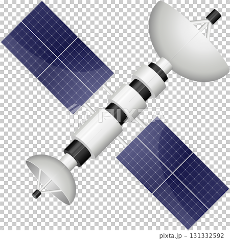 A satellite with solar panels and antennas orbiting in space for communication purposes. 131332592