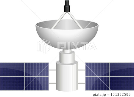Illustration of a satellite with a dish antenna and solar panels, symbolizing communication tech. 131332593