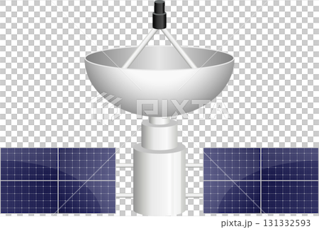 Illustration of a satellite with a dish antenna and solar panels, symbolizing communication tech. 131332593
