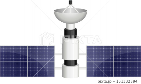 Illustration of a satellite, including solar panels, and communications dish, against black. 131332594