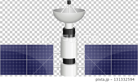 Illustration of a satellite, including solar panels, and communications dish, against black. 131332594