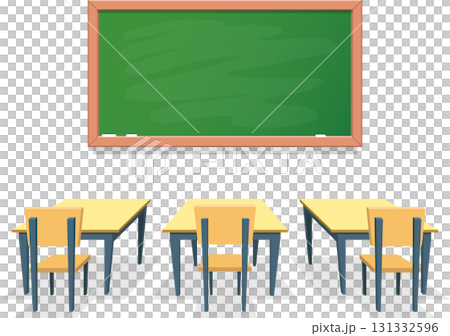 Classroom scene: Desks and chairs face a chalkboard, setting the stage for learning and education. 131332596