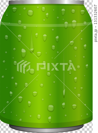 Refreshing green beverage can with water droplets glistening, suggesting a cool and crisp taste. 131332607