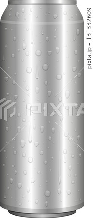 A cold metal can glistens with water droplets, suggesting a refreshing and chilled beverage inside. 131332609