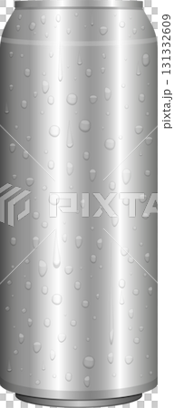 A cold metal can glistens with water droplets, suggesting a refreshing and chilled beverage inside. 131332609