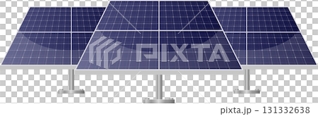 Array of three blue and silver solar panels used to convert sunlight to renewable energy. 131332638