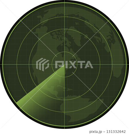 Illustration of a round green radar display showing a world map with a sweeping radar arm. Illustration of a round green radar display showing a world map with a sweeping radar arm. 131332642