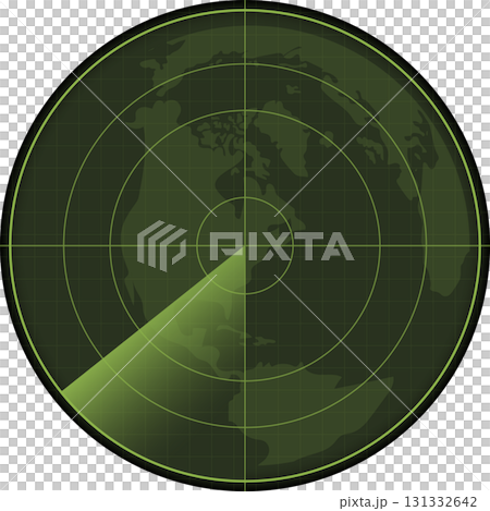 Illustration of a round green radar display showing a world map with a sweeping radar arm. Illustration of a round green radar display showing a world map with a sweeping radar arm. 131332642