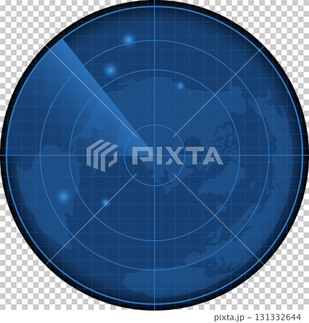 Blue radar screen displays signals over a world map, showing detected objects and scanner sweep. Blue radar screen displays signals over a world map, showing detected objects and scanner sweep. 131332644