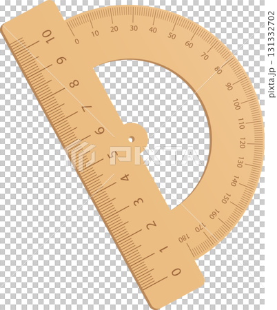 A wooden protractor, marked in increments, showing angles and measurements, on a black background. 131332702