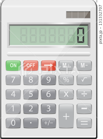 Digital calculator with grey buttons and a screen showing zero, for financial calculations. 131332707