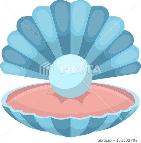 A whimsical illustration of an open, light blue clamshell with a large, luminous pearl inside. 131332708