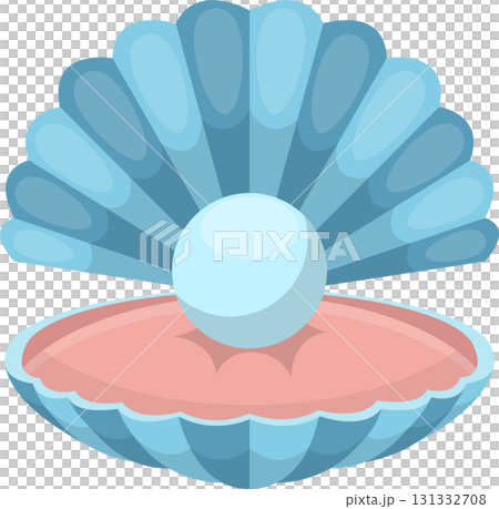 A whimsical illustration of an open, light blue clamshell with a large, luminous pearl inside. 131332708
