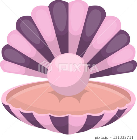 Elegant cartoon illustration of a pink pearl nestled inside a decorative seashell. Cartoon style. 131332711