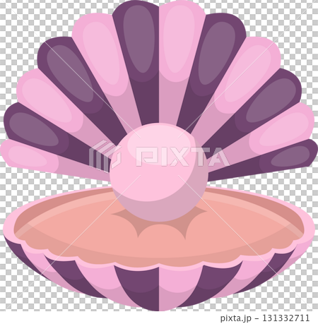 Elegant cartoon illustration of a pink pearl nestled inside a decorative seashell. Cartoon style. 131332711