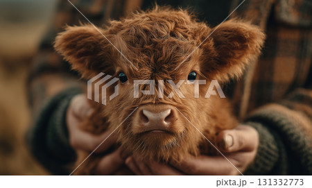 Cutest Highland calf lovingly cradled in gentle hands on a sunny farm day 131332773