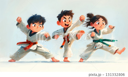 Energetic martial arts practice with three young East Asian kids having fun 131332806