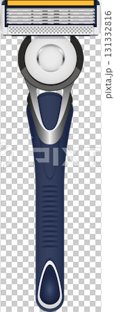 Razor with a multi-blade cartridge and ergonomic, textured blue handle on a black background. Razor with a multi-blade cartridge and ergonomic, textured blue handle on a black background. 131332816