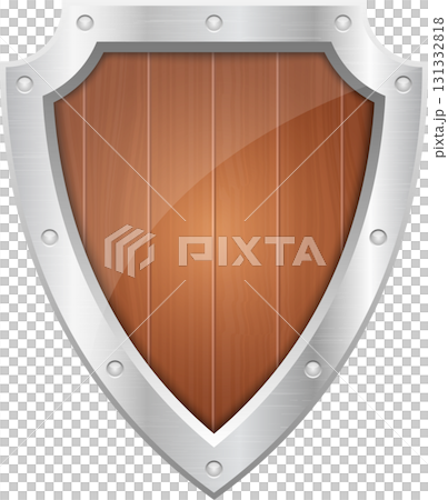 Wooden shield with a metal frame and rivets, offering medieval protection in a modern design. Wooden shield with a metal frame and rivets, offering medieval protection in a modern design. 131332818