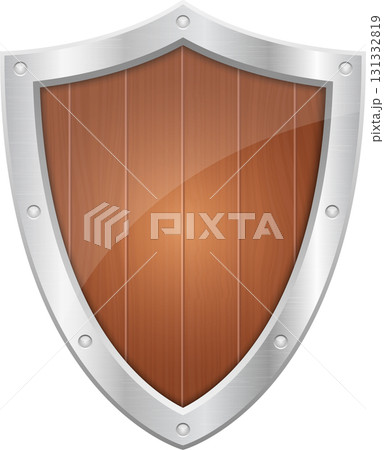 A wooden shield with a metal frame is set against a black background for protection and defense. A wooden shield with a metal frame is set against a black background for protection and defense. 131332819