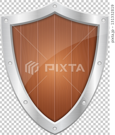 A wooden shield with a metal frame is set against a black background for protection and defense. A wooden shield with a metal frame is set against a black background for protection and defense. 131332819