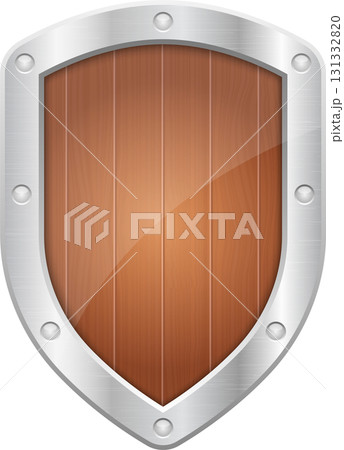 A sturdy shield with a wooden face and metallic rim, embodying protection and medieval defense. A sturdy shield with a wooden face and metallic rim, embodying protection and medieval defense. 131332820