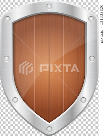 A sturdy shield with a wooden face and metallic rim, embodying protection and medieval defense. A sturdy shield with a wooden face and metallic rim, embodying protection and medieval defense. 131332820