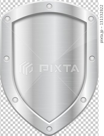 Shiny Silver Shield with Rivets - Protection, Security, Defense. Metallic texture and bright light. 131332822