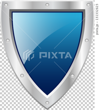 A metallic, stylized shield with a glossy blue center, offering a sense of security and protection. A metallic, stylized shield with a glossy blue center, offering a sense of security and protection. 131332823