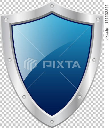 A stylized blue shield with a silver frame and rivet details on a black background. 131332825
