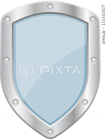 Stylized shield design with a blue segmented face, metallic frame, and prominent rivet details. 131332827