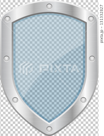 Stylized shield design with a blue segmented face, metallic frame, and prominent rivet details. 131332827