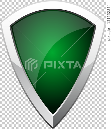 A vibrant green shield with a glossy surface, framed by a sleek silver border. Modern security. 131332834