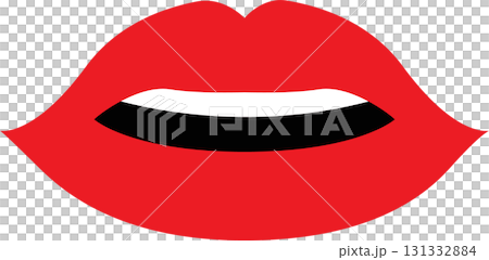 Stylized, bright red lips with a white and black gap, set against a stark black backdrop. 131332884