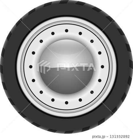 Automotive tire and wheel assembly, showcasing a durable tread pattern and a metallic rim design. 131332892