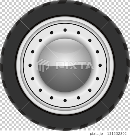 Automotive tire and wheel assembly, showcasing a durable tread pattern and a metallic rim design. 131332892