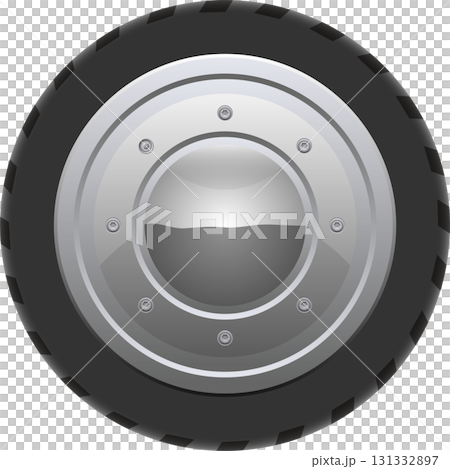 A round vehicle tire with a metallic center, mounted on a black rubber tread, graphic design A round vehicle tire with a metallic center, mounted on a black rubber tread, graphic design 131332897