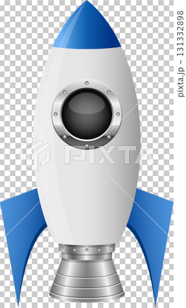 A sleek, retro-style rocket ship stands ready for launch, its blue accents adding a burst of color. 131332898