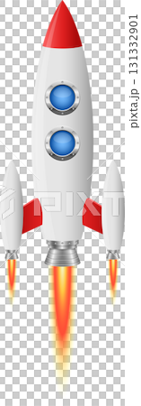 A cartoon rocket ship with a red and white body soars into space, flames emitting from the engine. 131332901