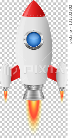 Illustration of a cartoon space rocket with white body, red accents, and flames, on black background. 131332902
