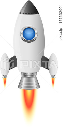 Illustration of a white rocket with a gray nose and flames shooting out from the engine. 131332904