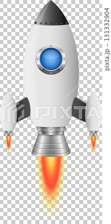 Illustration of a white rocket with a gray nose and flames shooting out from the engine. 131332904